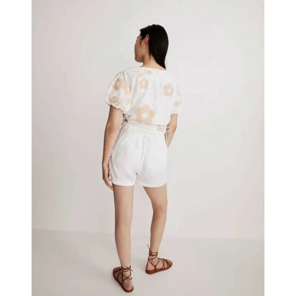 Madewell White Embroidered Flower Poplin Puff Sleeve Cutout Crop top Size Medium